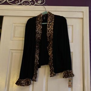 INC International Concepts Black Cardigan with Leopard Trim